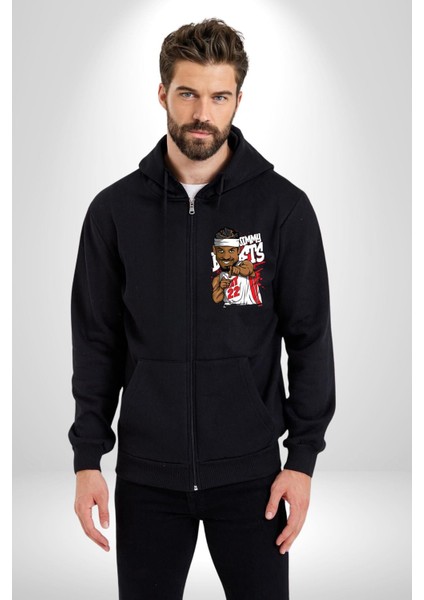 Jimmy Butler Basketbol Kadın Erkek Siyah Kapüşonlu Fermuarlı Baskılı Hırka Sweatshirt