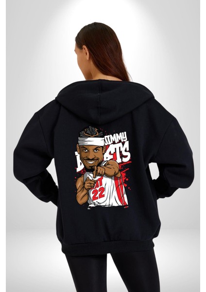 Jimmy Butler Basketbol Kadın Erkek Siyah Kapüşonlu Fermuarlı Baskılı Hırka Sweatshirt