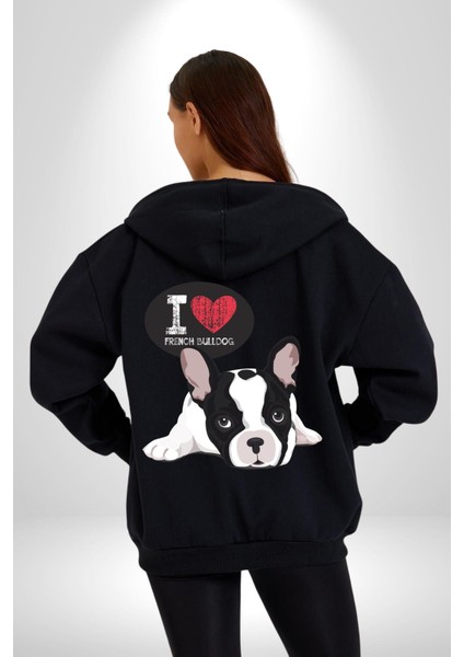 Seni Seviyorum Bulldog Kadın Erkek Siyah Renk Kapüşonlu Kanguru Cepli Fermuarlı Pamuklu Oversize Dijital Baskılı Hırka Sweatshirt modelleri