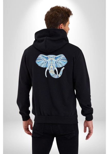 Mandala Renkli Fil Kadın Erkek Siyah Renk Kapüşonlu Kanguru Cepli Fermuarlı Pamuklu Oversize Dijital Baskılı Hırka Sweatshirt fiyatları