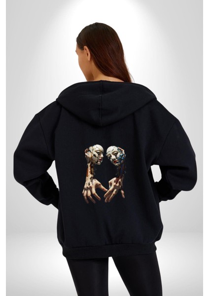 Yüz Yüze Ellerin Uyumu Kadın Erkek Siyah Renk Kapüşonlu Kanguru Cepli Fermuarlı Pamuklu Oversize Dijital Baskılı Hırka Sweatshirt