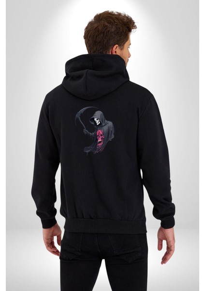 Azrail Kurukafa Ölüm Kadın Erkek Siyah Renk Kapüşonlu Kanguru Cepli Fermuarlı Pamuklu Oversize Dijital Baskılı Hırka Sweatshirt