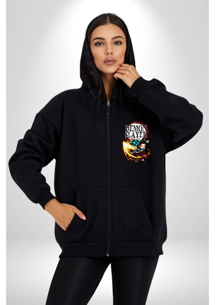 Demon Slayer Iblis Avcısı Anime Figürü Kadın Erkek Siyah Kapüşonlu Fermuarlı Baskılı Hırka Sweatshirt modelleri