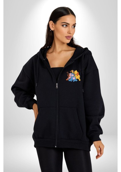 Winnie The Pooh Piglet Bal Küpü Kadın Erkek Siyah Kapüşonlu Fermuarlı Baskılı Hırka Sweatshirt