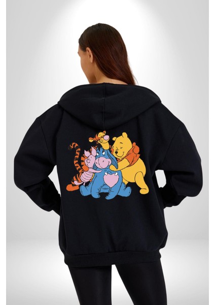 Winnie The Pooh Piglet Bal Küpü Kadın Erkek Siyah Kapüşonlu Fermuarlı Baskılı Hırka Sweatshirt
