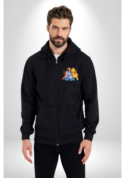 Winnie The Pooh Piglet Bal Küpü Kadın Erkek Siyah Kapüşonlu Fermuarlı Baskılı Hırka Sweatshirt