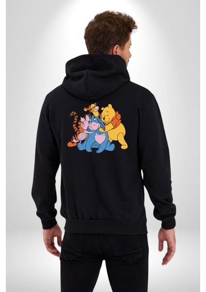 Winnie The Pooh Piglet Bal Küpü Kadın Erkek Siyah Kapüşonlu Fermuarlı Baskılı Hırka Sweatshirt