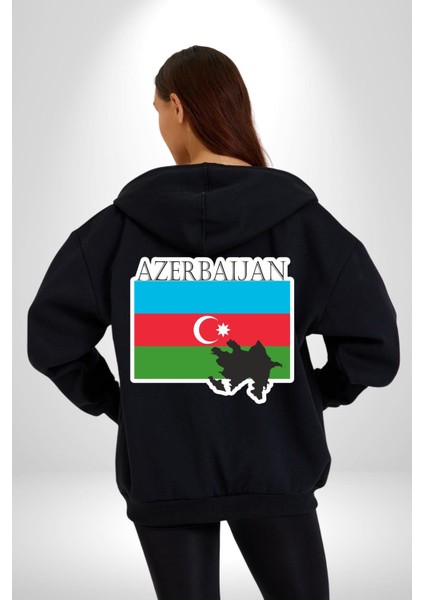 Azerbeycan Bayrak Ülke Kadın Erkek Siyah Kapüşonlu Fermuarlı Baskılı Hırka Sweatshirt