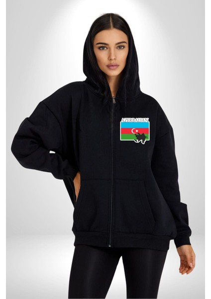 Azerbeycan Bayrak Ülke Kadın Erkek Siyah Kapüşonlu Fermuarlı Baskılı Hırka Sweatshirt