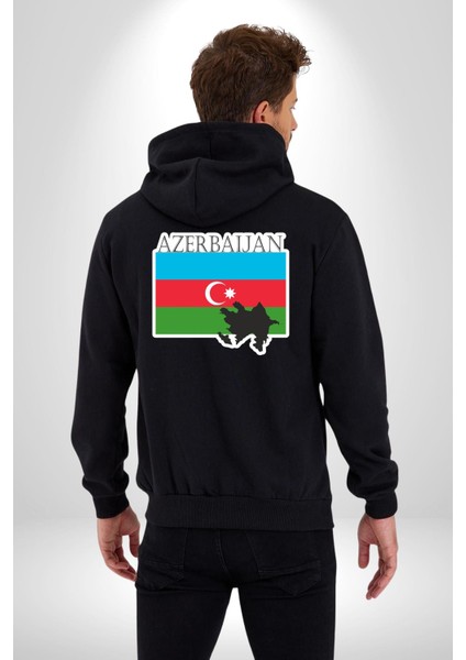 Azerbeycan Bayrak Ülke Kadın Erkek Siyah Kapüşonlu Fermuarlı Baskılı Hırka Sweatshirt