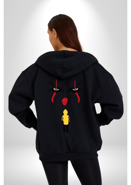 Pennywise Vs Georgie Korku Filmi Kadın Erkek Siyah Kapüşonlu Fermuarlı Baskılı Hırka Sweatshirt