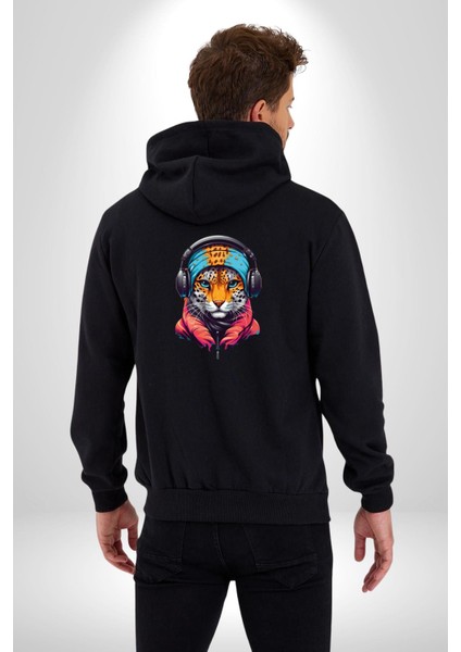 Kulaklık Kedi Leopar Bandana Kadın Erkek Siyah Renk Kapüşonlu Kanguru Cepli Fermuarlı Pamuklu Oversize Dijital Baskılı Hırka Sweatshirt fiyatları