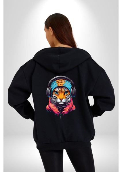 Kulaklık Kedi Leopar Bandana Kadın Erkek Siyah Renk Kapüşonlu Kanguru Cepli Fermuarlı Pamuklu Oversize Dijital Baskılı Hırka Sweatshirt modelleri