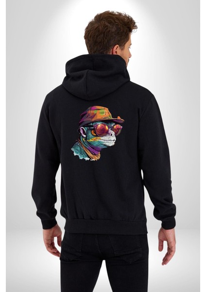 Gözlük Şapka Mukalemun Kadın Erkek Siyah Renk Kapüşonlu Kanguru Cepli Fermuarlı Pamuklu Oversize Dijital Baskılı Hırka Sweatshirt