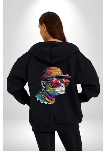 Gözlük Şapka Mukalemun Kadın Erkek Siyah Renk Kapüşonlu Kanguru Cepli Fermuarlı Pamuklu Oversize Dijital Baskılı Hırka Sweatshirt