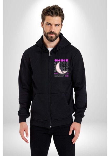 Parlayan Siyah Kedi Kadın Erkek Siyah Kapüşonlu Fermuarlı Baskılı Hırka Sweatshirt modelleri