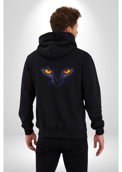 Siyah Kedi Gözler Ateş Kadın Erkek Siyah Kapüşonlu Fermuarlı Baskılı Hırka Sweatshirt fiyatları