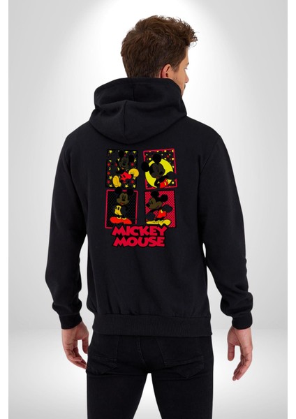 Mutlu Mickey Mouse Kadın Erkek Siyah Kapüşonlu Fermuarlı Baskılı Hırka Sweatshirt