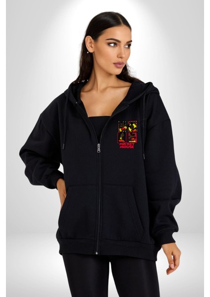 Mutlu Mickey Mouse Kadın Erkek Siyah Kapüşonlu Fermuarlı Baskılı Hırka Sweatshirt