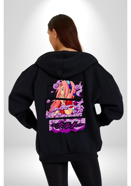 Sakura Haruno Anime Kadın Erkek Siyah Kapüşonlu Fermuarlı Baskılı Hırka Sweatshirt