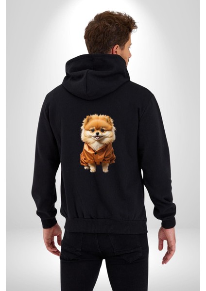Teacup Pomernian Çeket Kadın Erkek Siyah Renk Kapüşonlu Kanguru Cepli Fermuarlı Pamuklu Oversize Dijital Baskılı Hırka Sweatshirt
