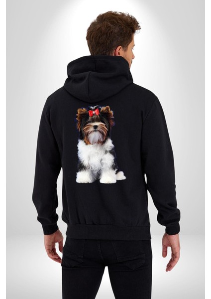 Biewer Yorshire Terrier Kadın Erkek Siyah Kapüşonlu Fermuarlı Baskılı Hırka Sweatshirt