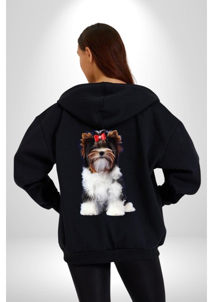 Biewer Yorshire Terrier Kadın Erkek Siyah Kapüşonlu Fermuarlı Baskılı Hırka Sweatshirt