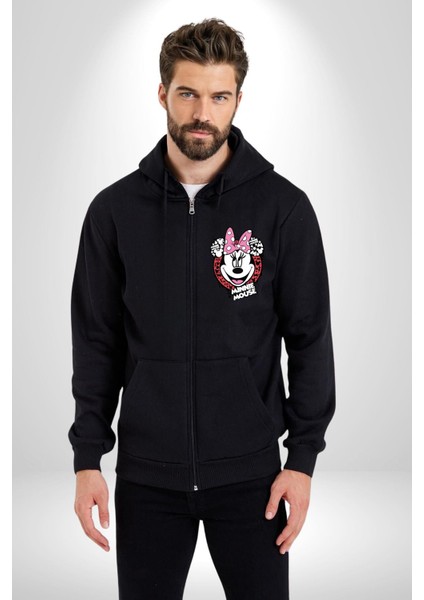 Minnie Mouse Çizgi Film Kadın Erkek Siyah Kapüşonlu Fermuarlı Baskılı Hırka Sweatshirt