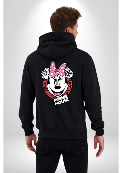 Minnie Mouse Çizgi Film Kadın Erkek Siyah Kapüşonlu Fermuarlı Baskılı Hırka Sweatshirt