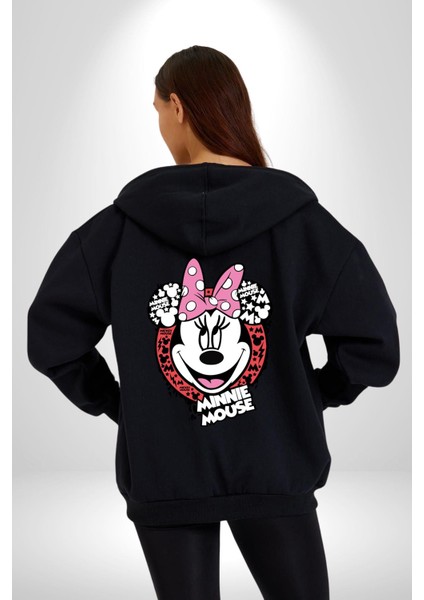Minnie Mouse Çizgi Film Kadın Erkek Siyah Kapüşonlu Fermuarlı Baskılı Hırka Sweatshirt