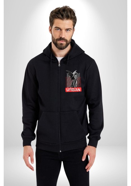 Şehir Sokak Stili Melek Heykeli Kadın Erkek Siyah Kapüşonlu Fermuarlı Baskılı Hırka Sweatshirt