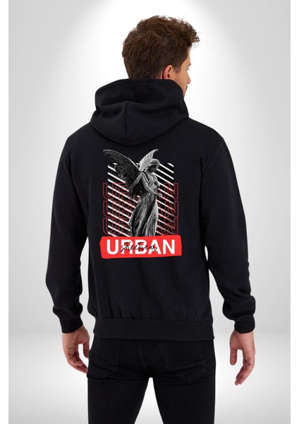 Şehir Sokak Stili Melek Heykeli Kadın Erkek Siyah Kapüşonlu Fermuarlı Baskılı Hırka Sweatshirt