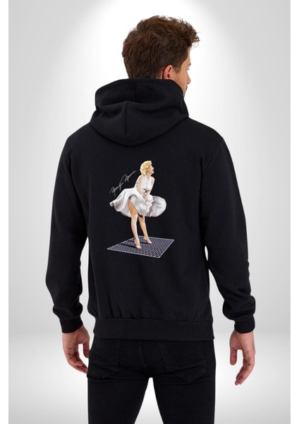 Marilyn Monroe Uçuşan Etek Kadın Erkek Siyah Kapüşonlu Fermuarlı Baskılı Hırka Sweatshirt
