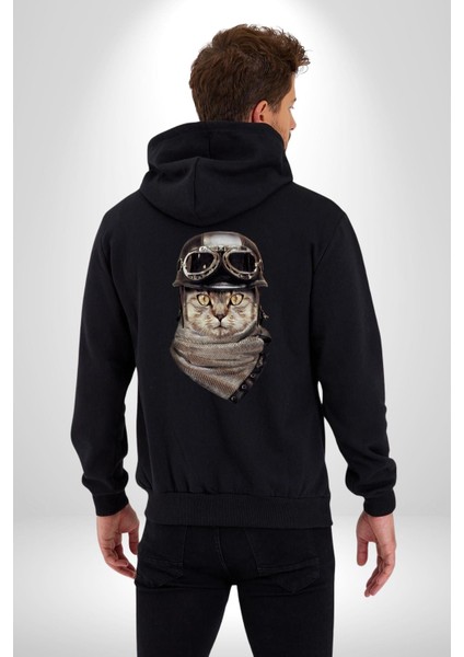 Kasket Bandana Motorcu Kedi Kadın Erkek Siyah Renk Kapüşonlu Kanguru Cepli Fermuarlı Pamuklu Oversize Dijital Baskılı Hırka Sweatshirt fiyatları