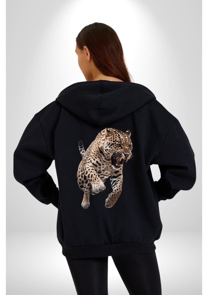 Jaguar Sırtından Çıkan Kadın Erkek Siyah Kapüşonlu Fermuarlı Baskılı Hırka Sweatshirt fiyatları