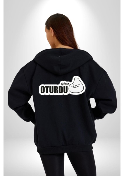 Içime Oturdu Yazılı Kadın Erkek Siyah Kapüşonlu Fermuarlı Baskılı Hırka Sweatshirt