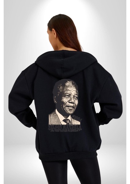 Nelson Mandela Kadın Erkek Siyah Kapüşonlu Fermuarlı Baskılı Hırka Sweatshirt fırsatları