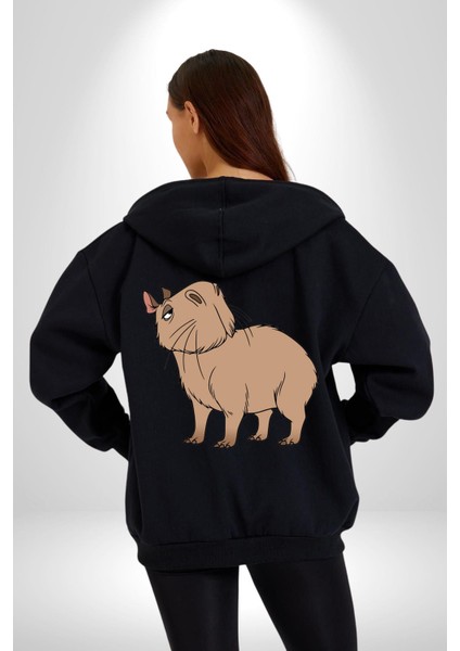 Chispi Kadın Erkek Siyah Kapüşonlu Fermuarlı Baskılı Hırka Sweatshirt