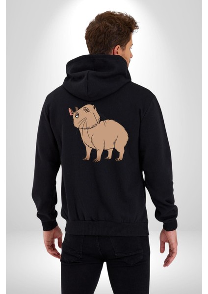 Chispi Kadın Erkek Siyah Kapüşonlu Fermuarlı Baskılı Hırka Sweatshirt