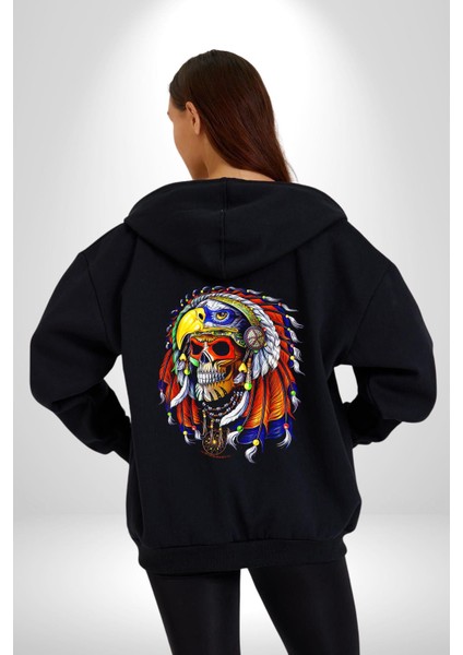 Kızıl Derili Kuru Kafa Düş Kapanı Kadın Erkek Siyah Kapüşonlu Fermuarlı Baskılı Hırka Sweatshirt fiyatları
