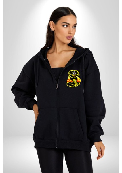 Cobra Kai Karete Çocuk Yılan Logo Dizi Kadın Erkek Siyah Kapüşonlu Fermuarlı Baskılı Hırka Sweatshirt