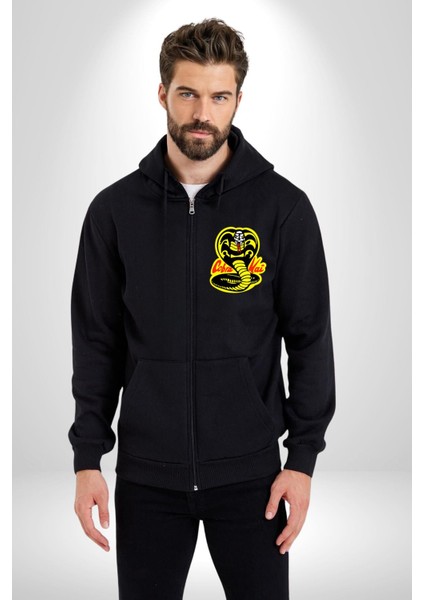 Cobra Kai Karete Çocuk Yılan Logo Dizi Kadın Erkek Siyah Kapüşonlu Fermuarlı Baskılı Hırka Sweatshirt modelleri
