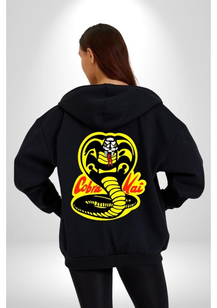 Cobra Kai Karete Çocuk Yılan Logo Dizi Kadın Erkek Siyah Kapüşonlu Fermuarlı Baskılı Hırka Sweatshirt fırsatları