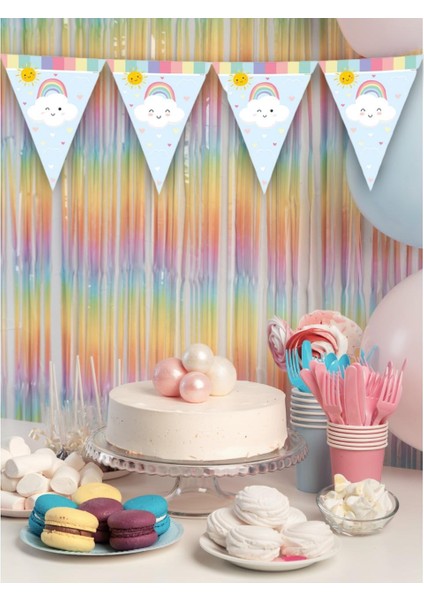 Gökkuşağı Bulut Temalı Flama Bayrak Asılabilir Doğum Günü Parti Süsü