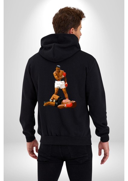 Muhammed Ali’nin En Meşhur Fotoğrafı Kadın Erkek Siyah Kapüşonlu Fermuarlı Baskılı Hırka Sweatshirt
