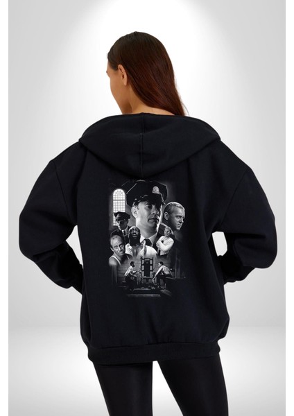 Yeşil Yol Film Kadın Erkek Siyah Kapüşonlu Fermuarlı Baskılı Hırka Sweatshirt
