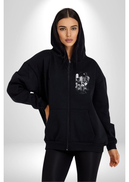 Yeşil Yol Film Kadın Erkek Siyah Kapüşonlu Fermuarlı Baskılı Hırka Sweatshirt