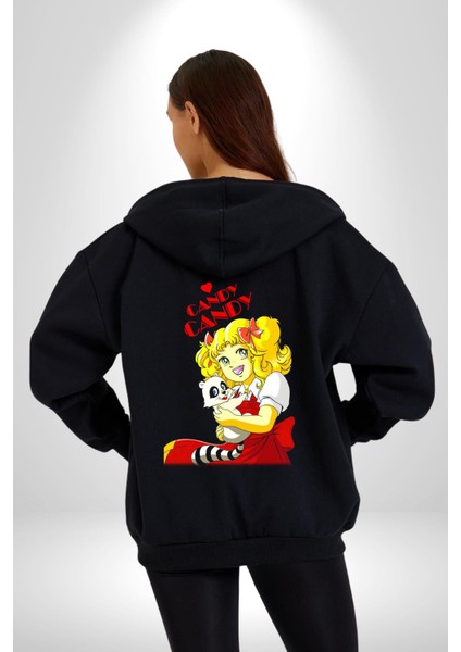 Şeker Kız Candy Çizgi Film  Kadın Erkek Siyah Kapüşonlu Fermuarlı Baskılı Hırka Sweatshirt