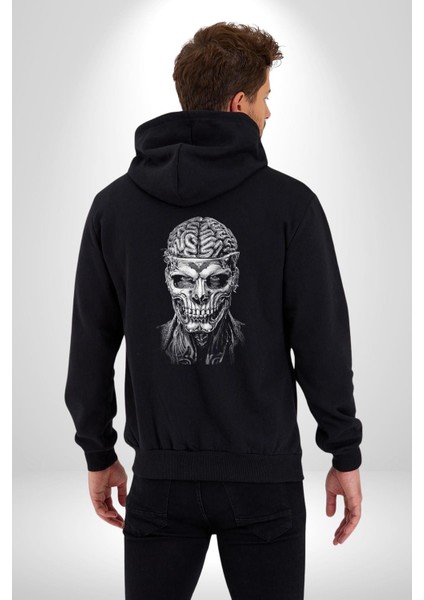 Insan Beyni Korku Sineması Kadın Erkek Siyah Kapüşonlu Fermuarlı Baskılı Hırka Sweatshirt