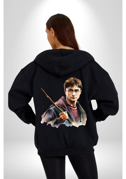 Sulu Boya Harry Potter Kadın Erkek Siyah Kapüşonlu Fermuarlı Baskılı Hırka Sweatshirt